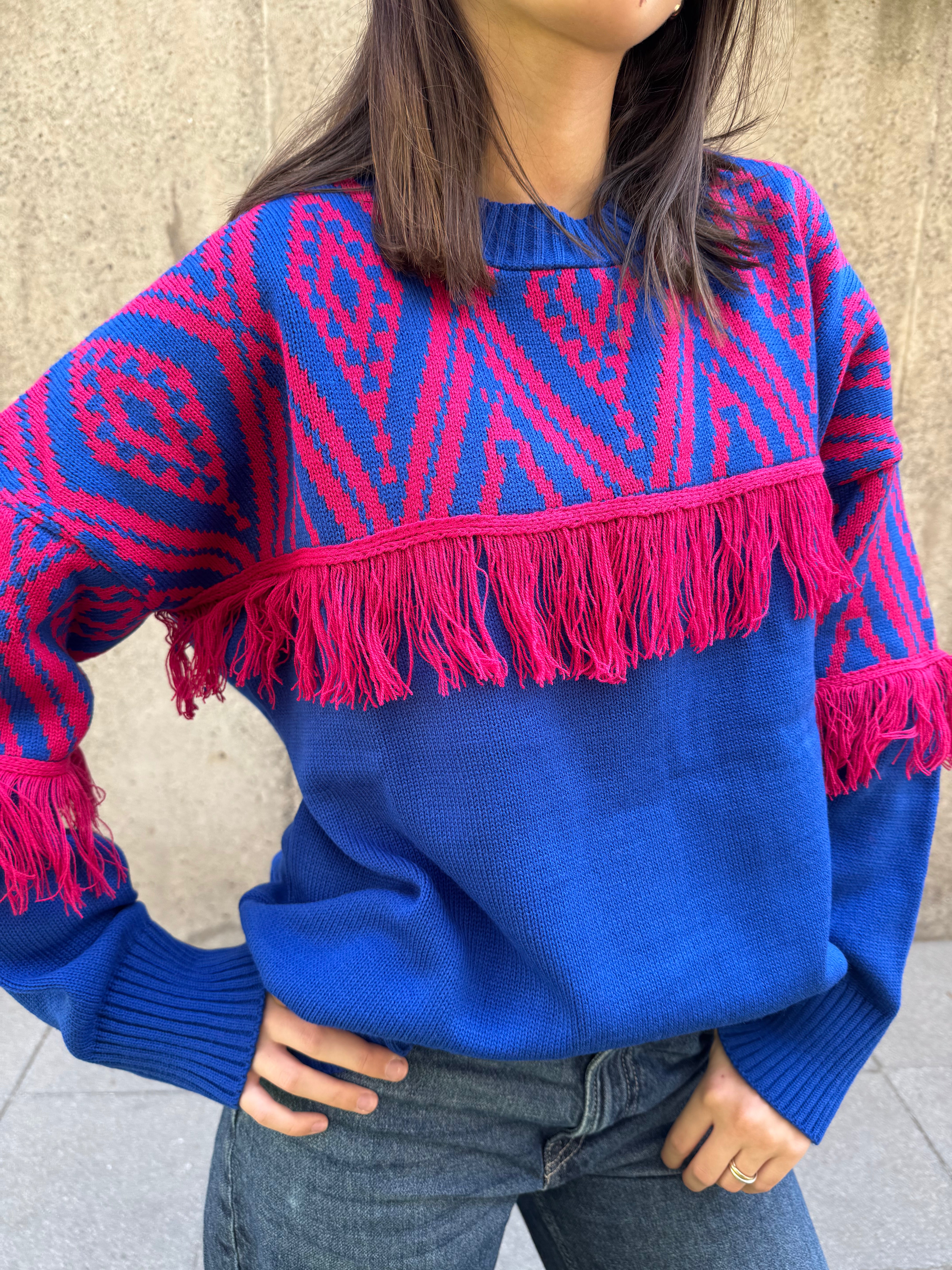 Sweater Etnico Flecos Azul/Fucsia