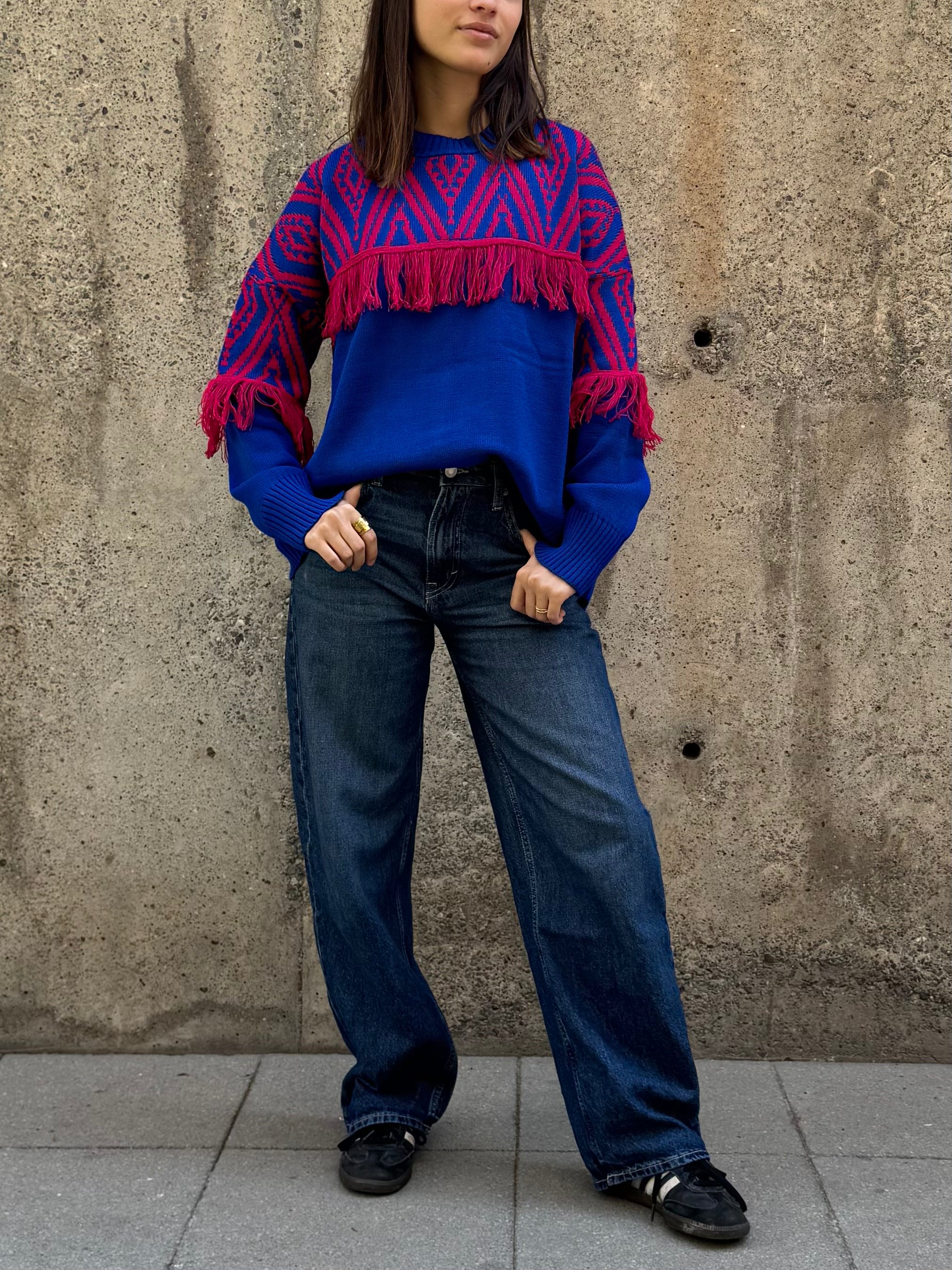 Sweater Etnico Flecos Azul/Fucsia